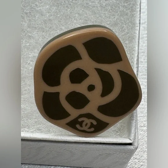 CHANEL Olive Green and Beige Camellia Earrings